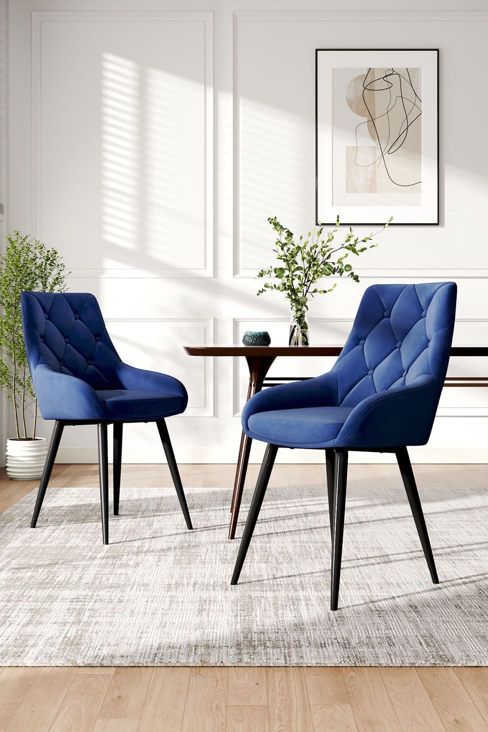 2 pcs Button Velvet Upholstered Dining Chair with Metal Legs