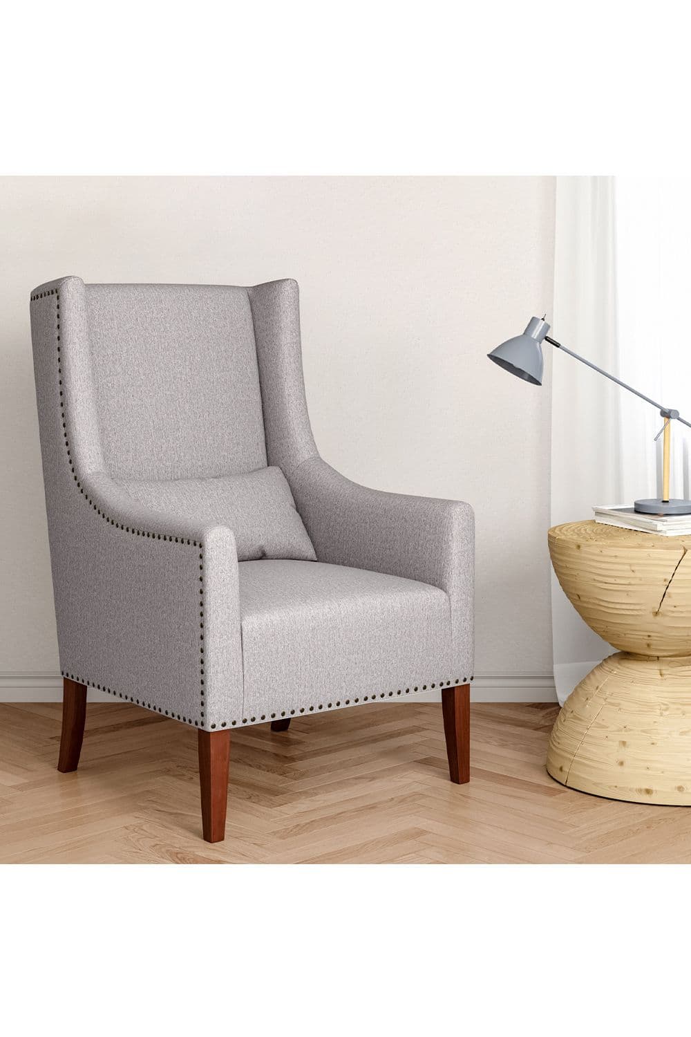 Burlap High Back Studded Armchair with Cushion