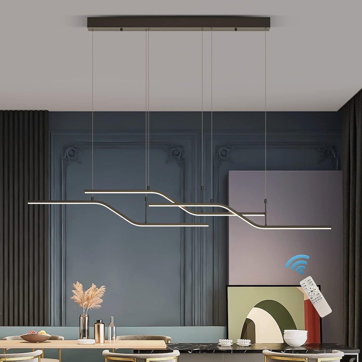 Dimmable LED 3 Light Wave Linear Pendant Light Remote Dining Room Kitchen Island