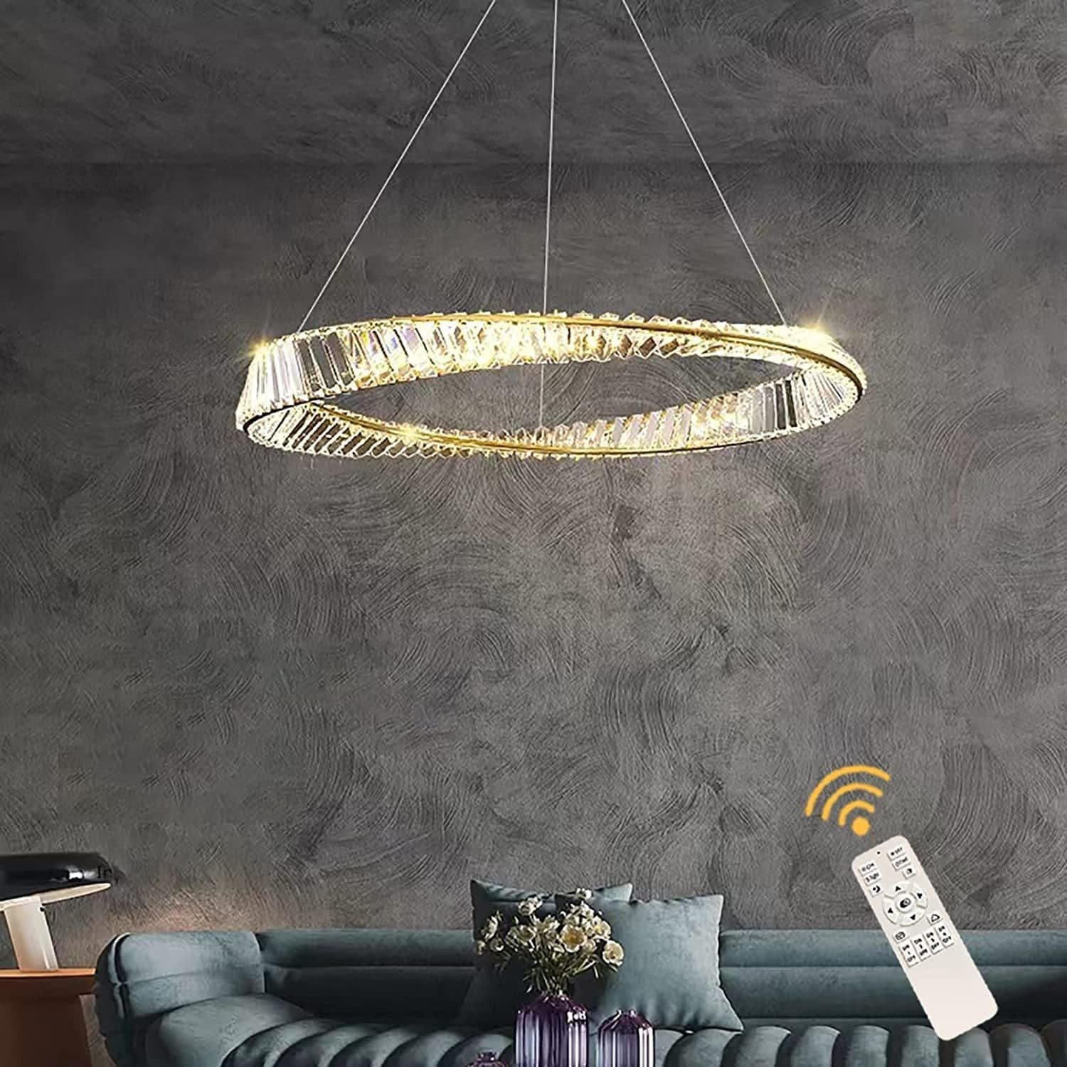 Luxury Golden Crystal LED Chandelier Remote Living Room Kitchen Island Bedroom