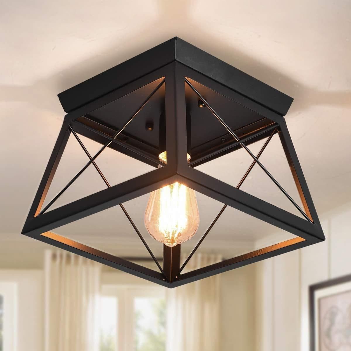 Square Metal Cage Light Farmhouse Flush Mount Ceiling Lights