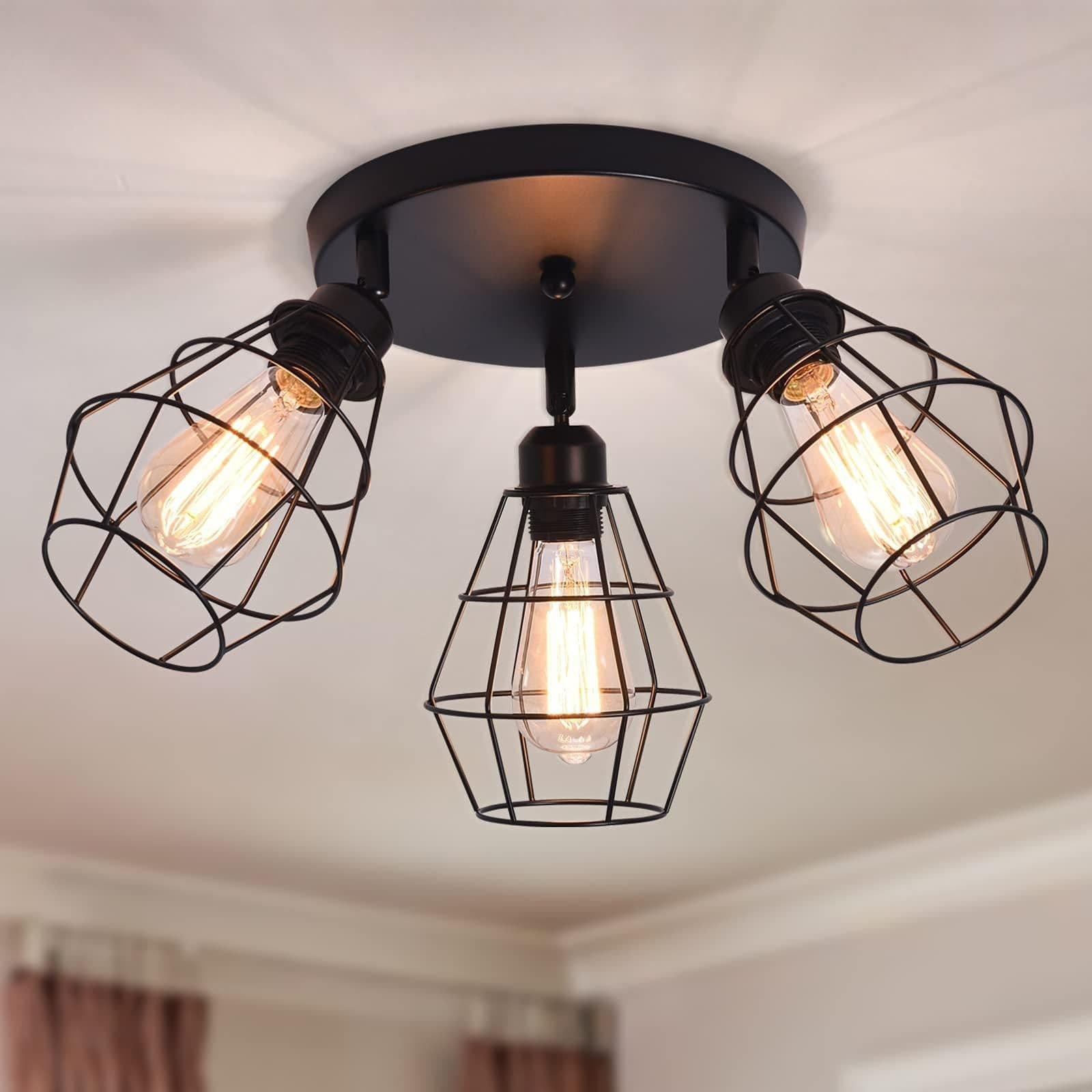 3 Way E27 Industrial Ceilings Lights Rotatable Metal Wire Cage