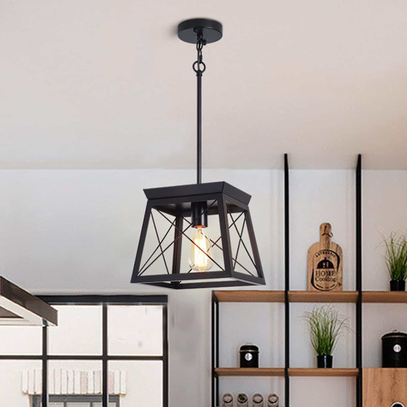 1 Light E27 Rectangular Adjustable Metal Cage Rustic Lantern Chandelier