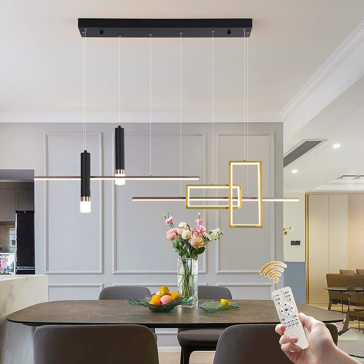 6 Light 50W LED Remote Control Linear Wave Modern Chandelier