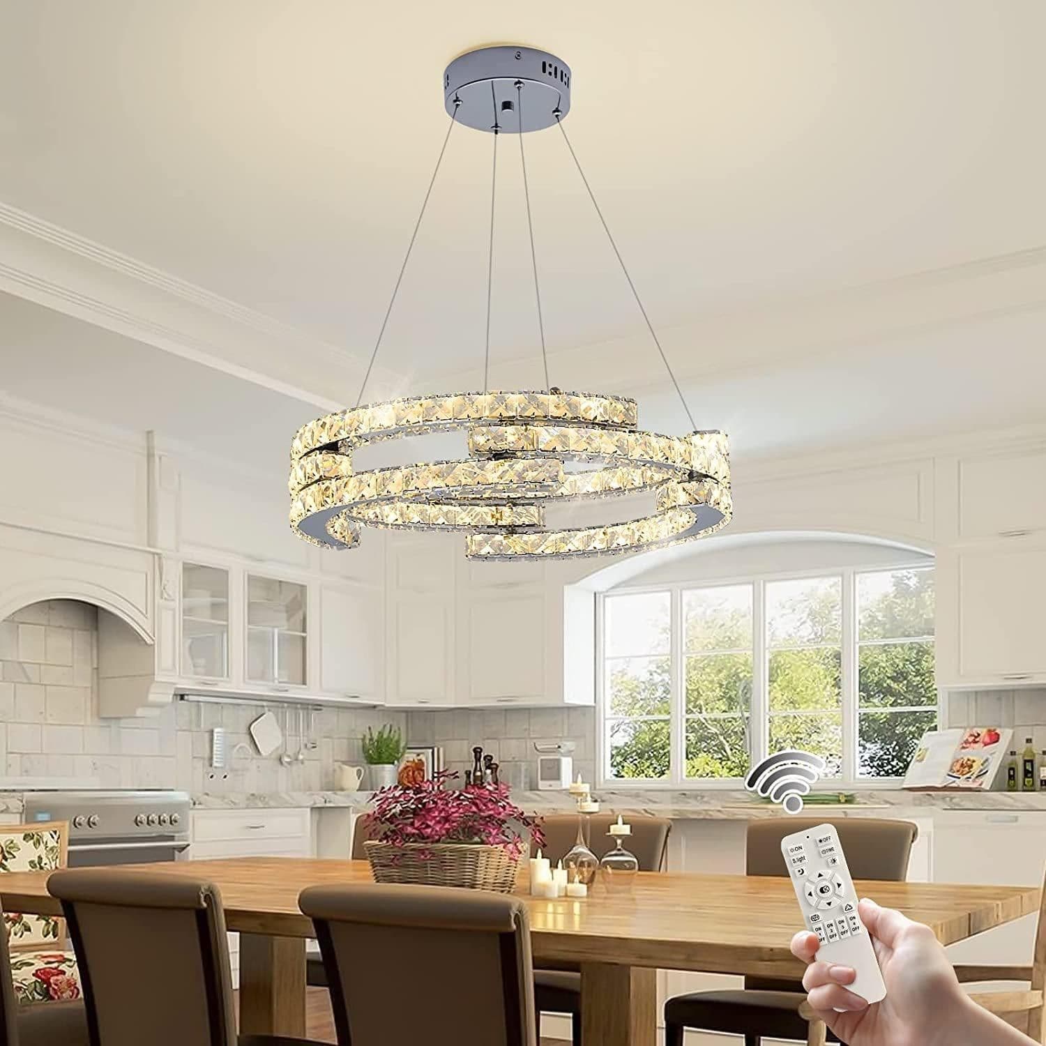 Chrome Crystal Dimmable Pendant Light Remote