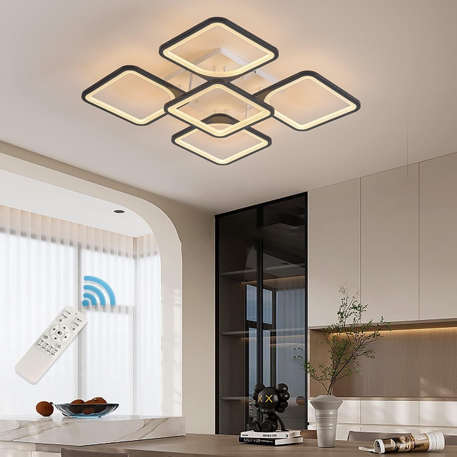 70W Acrylic Metal Dimmable 5 Heads Squares LED Ceiling Light Remote