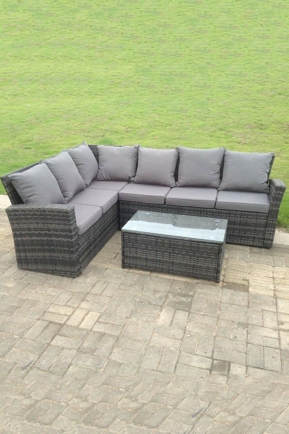 High Back Rattan Corner Sofa Set Oblong Coffee Table Outdoor Furniture