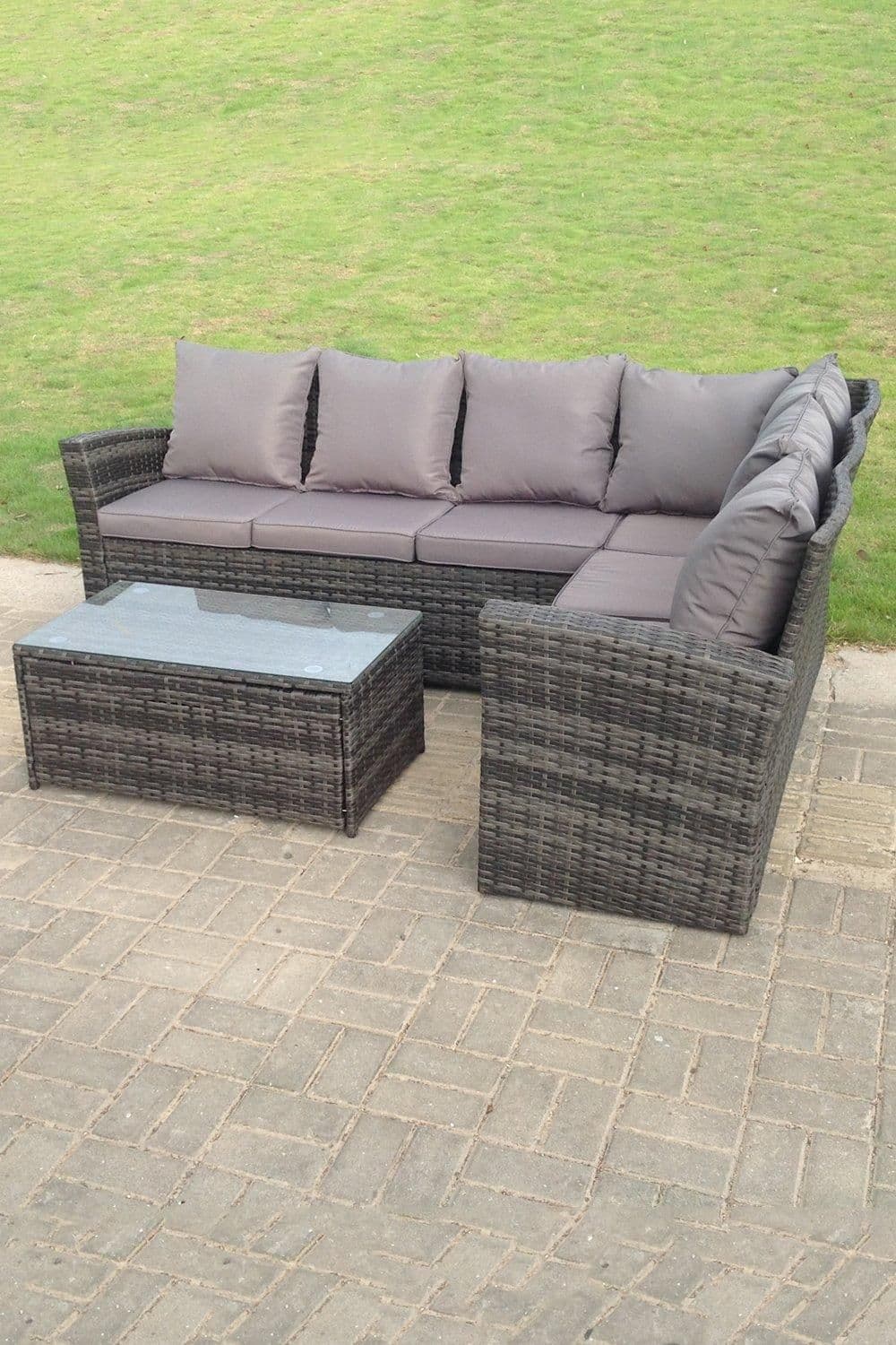 High Back Rattan Corner Sofa Set Oblong Coffee Table Outdoor Furniture