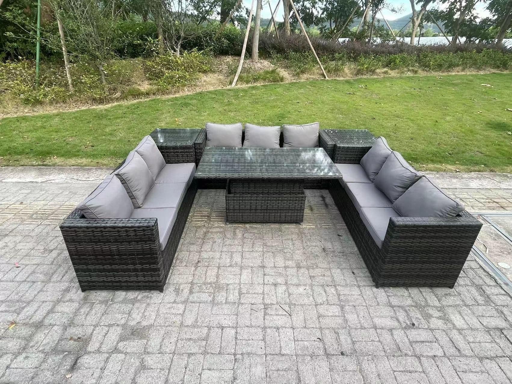 U Shape Rattan Sofa Set Adjustable Rising Dining Table 2 Side Coffee Table