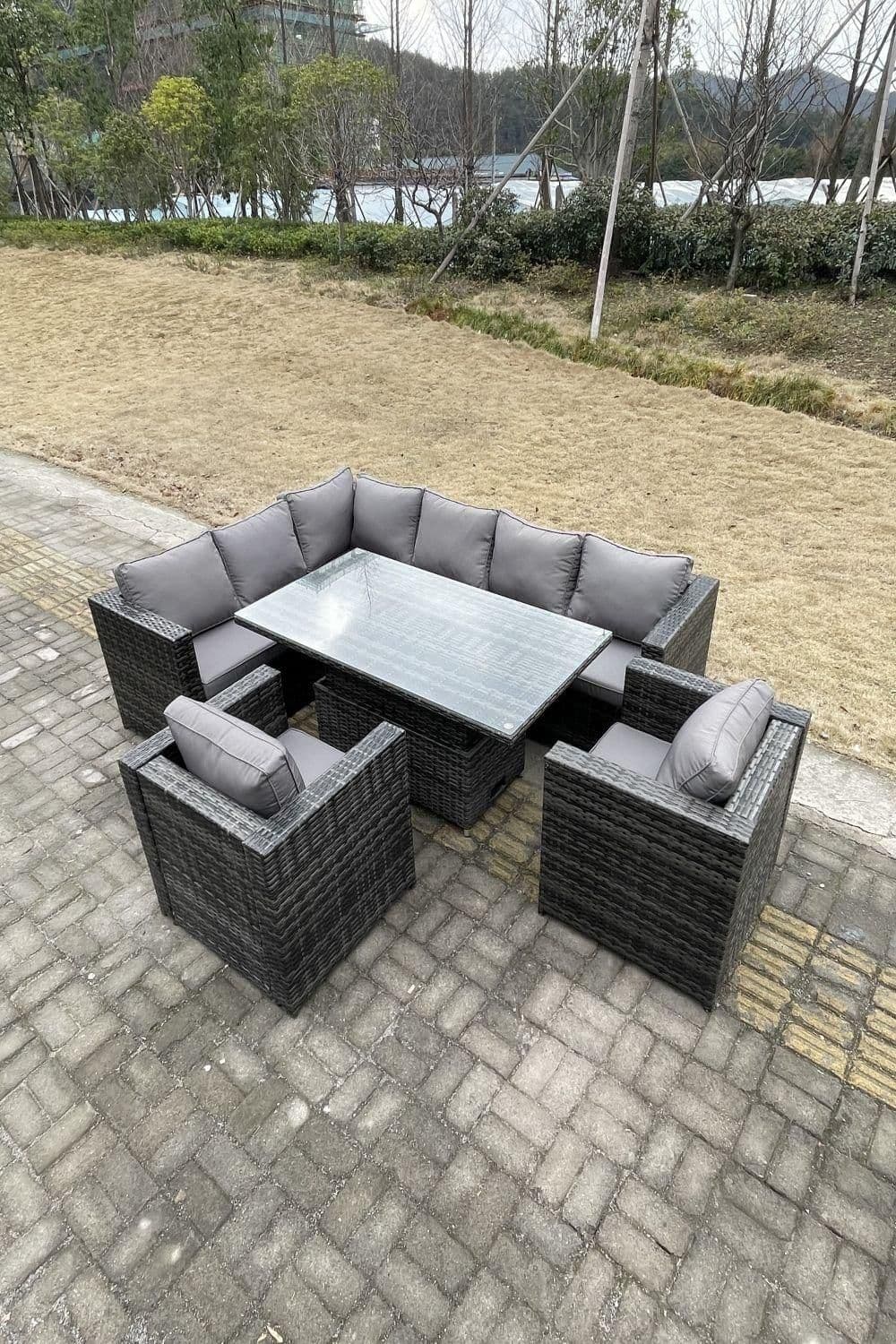 Rattan Sofa Set Rising Adjustable Dining Or Coffee Table 2 Chairs Patio Furniture