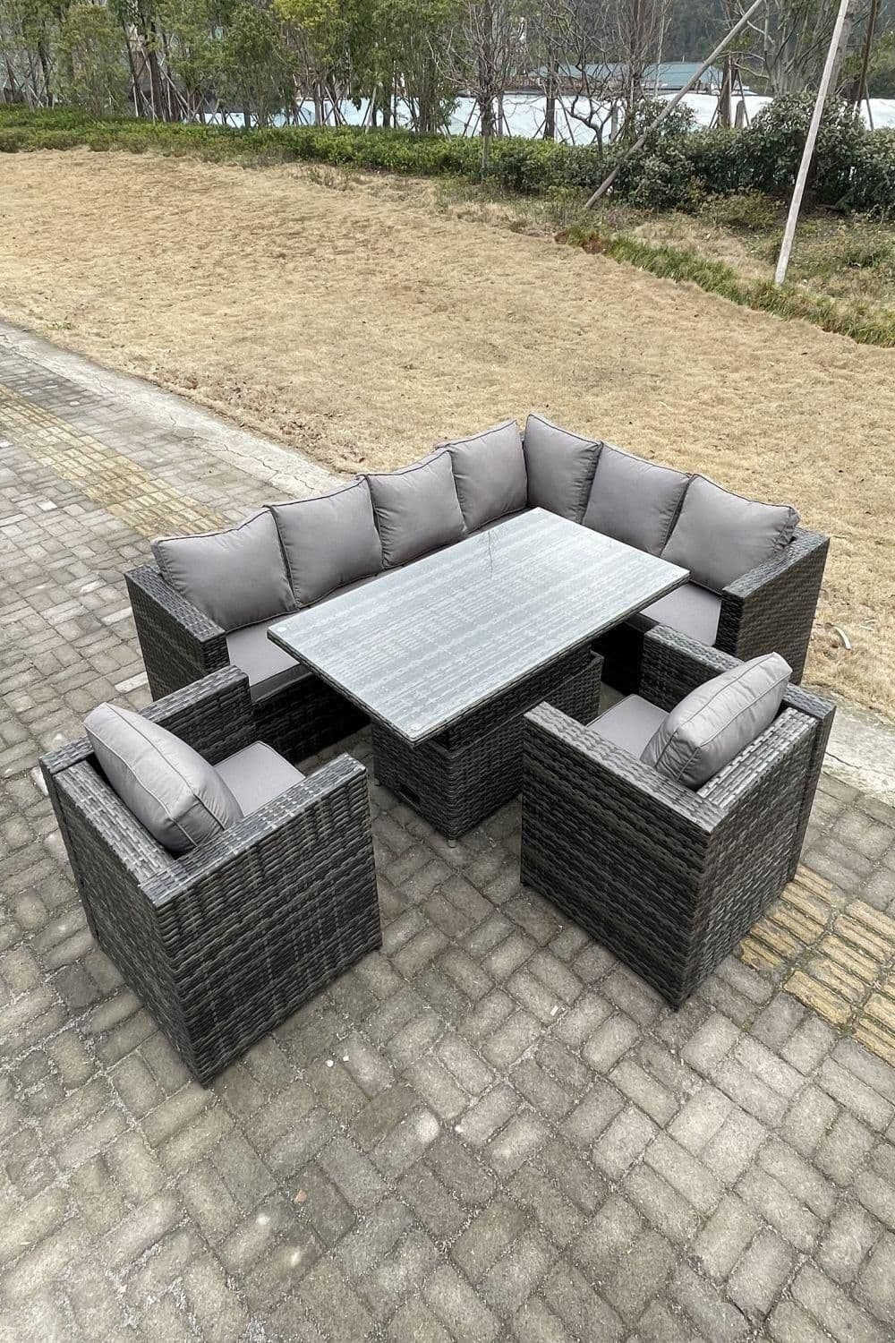 Outdoor Rattan Sofa Set Rising Adjustable Dining Or Coffee Table 2 Chairs