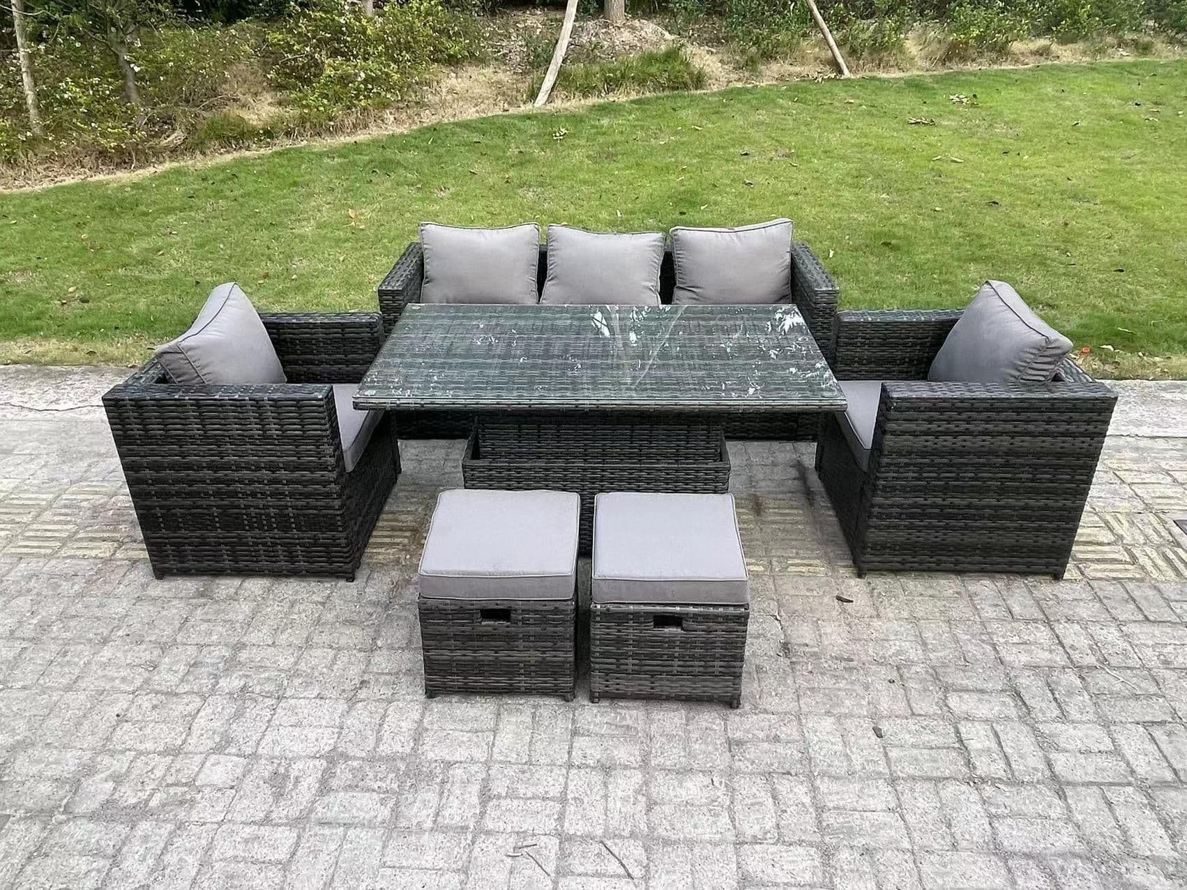 Rattan Set Rising Dining Table Lounge Sofa Set Foostools 2 chairs