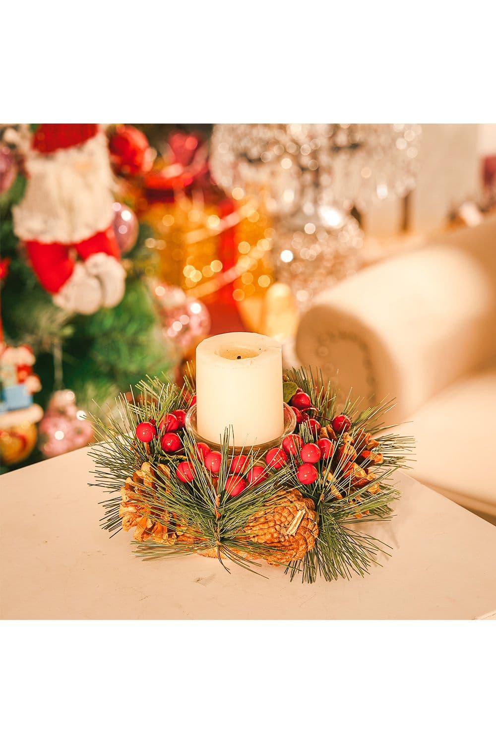 Christmas Rustic Handmade Candle Holder Pine Cone Berries Xmas Decor