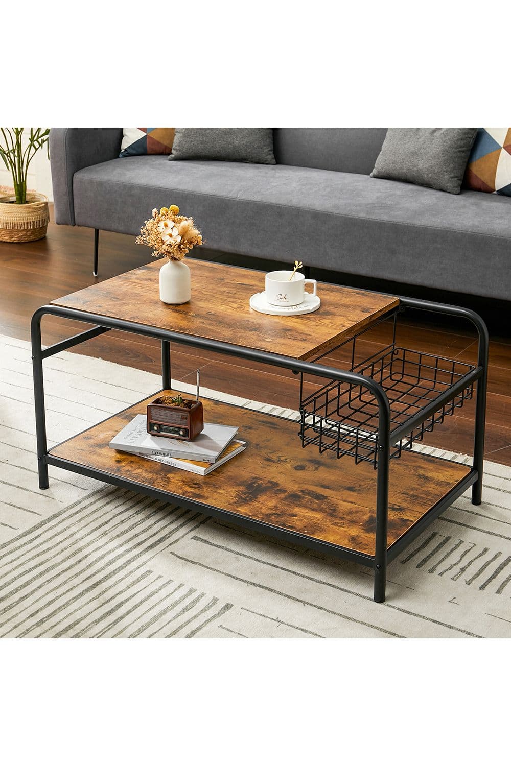 Industrial Wooden Coffee Table with Wire Basket Storage Top