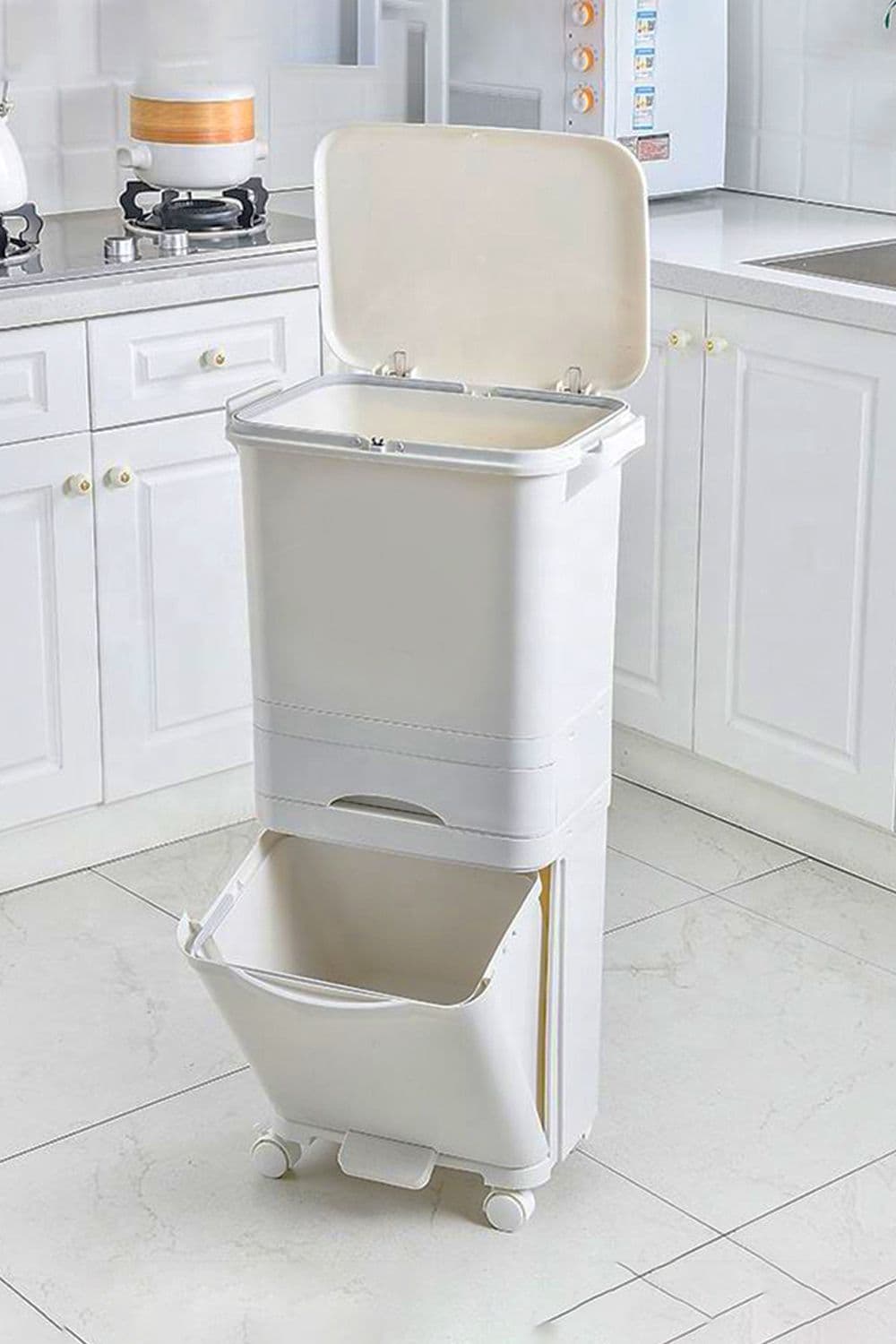 42L Rubbish Dustbin Pedal Recycling Bin Compartments Removable Waste Trash Kitchen with Drawer & Wheels & Hooks