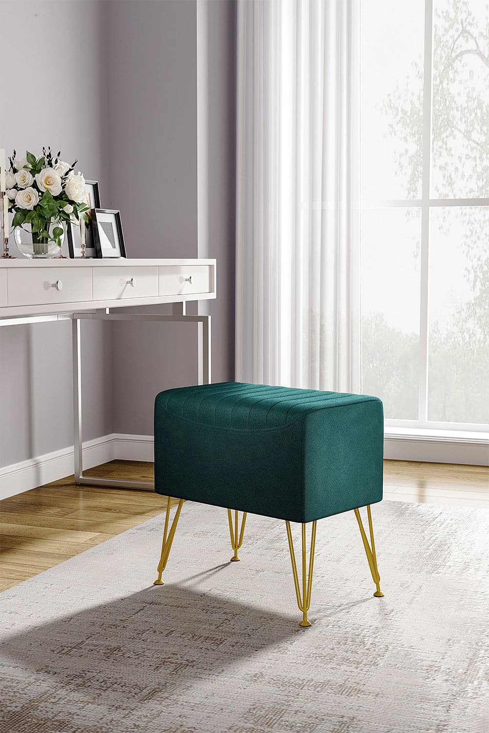 Soft Channel Velvet Stool with Gold Legs