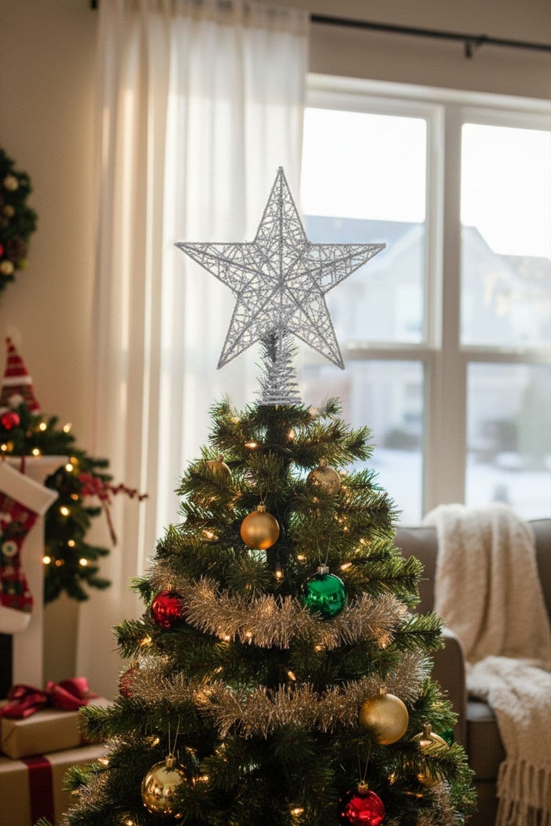 Decorative Star Sequins Christmas Tree Topper with LED Lights