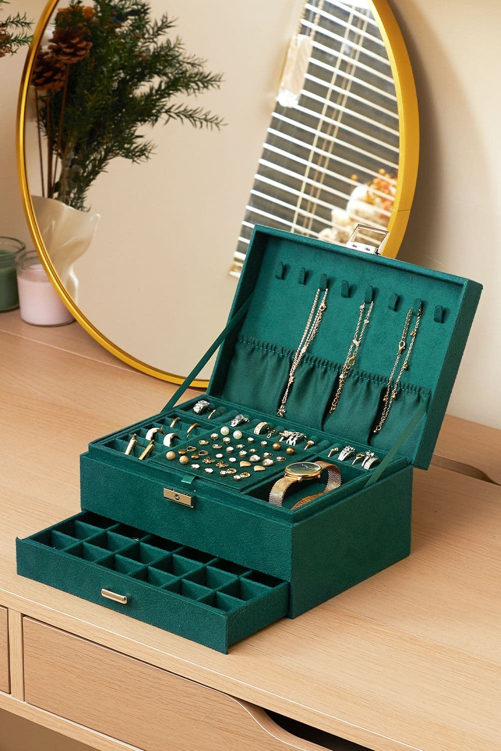 3-Tier Dark Green Jewelry Box with Lock