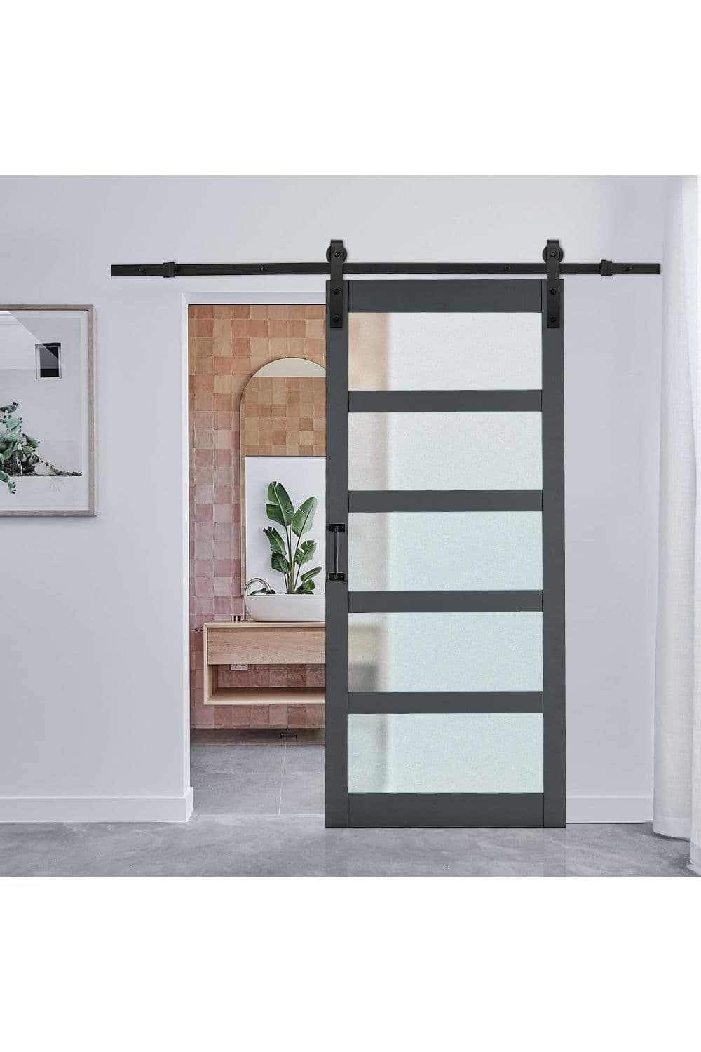 91cm W x 3.5cm D x 213cm H Farmhouse Style Wooden Barn Door with 200cm Slide Guide Dark Grey