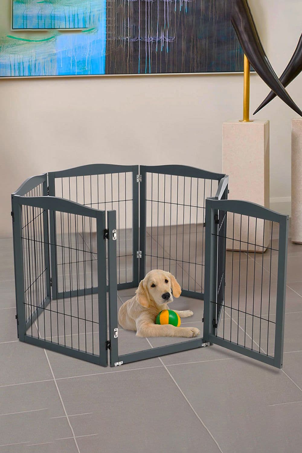 Grey 6-Panel Wooden Folding Pet Playpen
