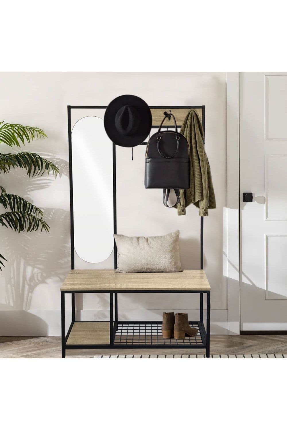 Large Coat Rack Stand & Bench Hallway Shoe Storage with Mirror