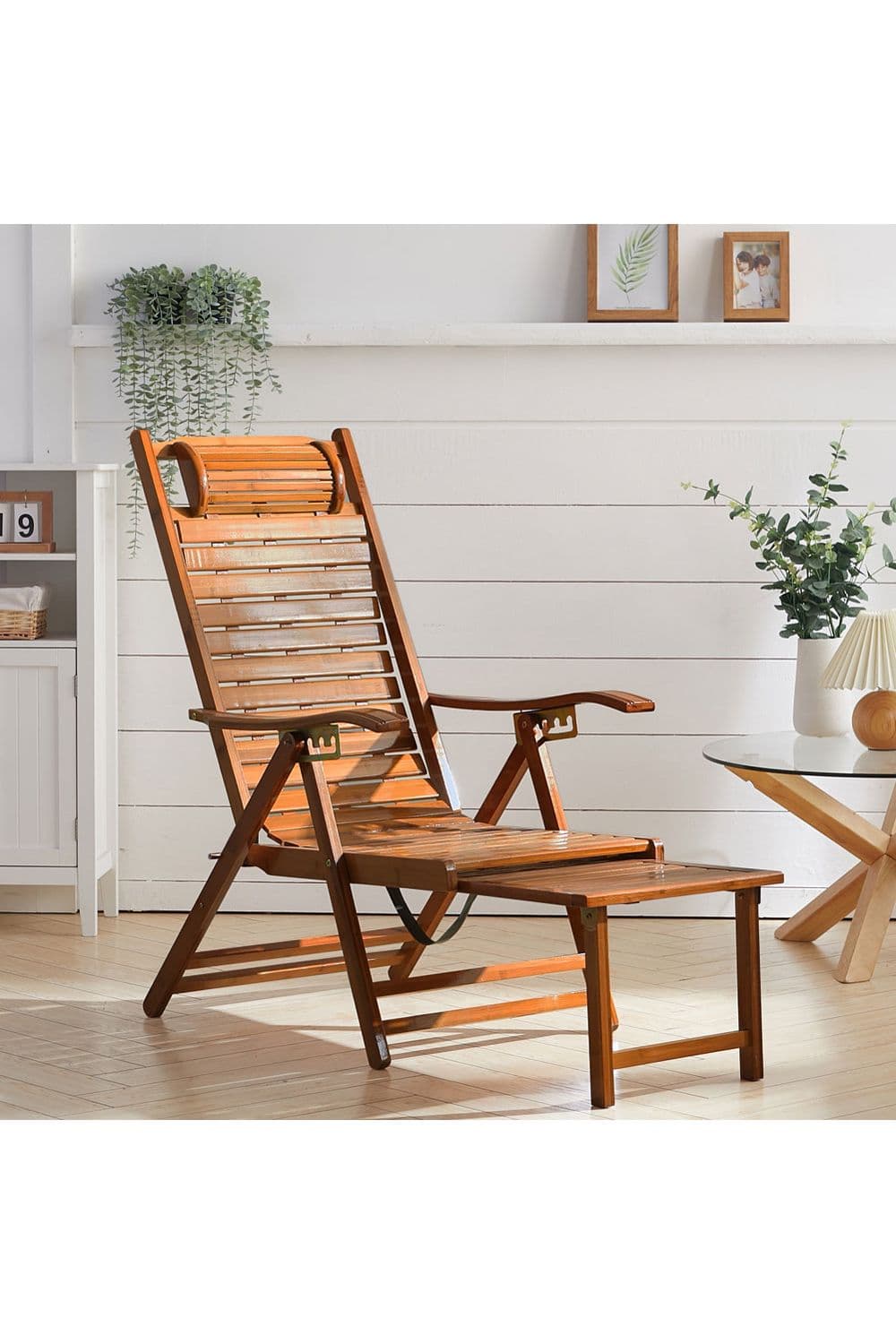Bamboo Foldable Recliner Lounge Chair with Retractable Footrest