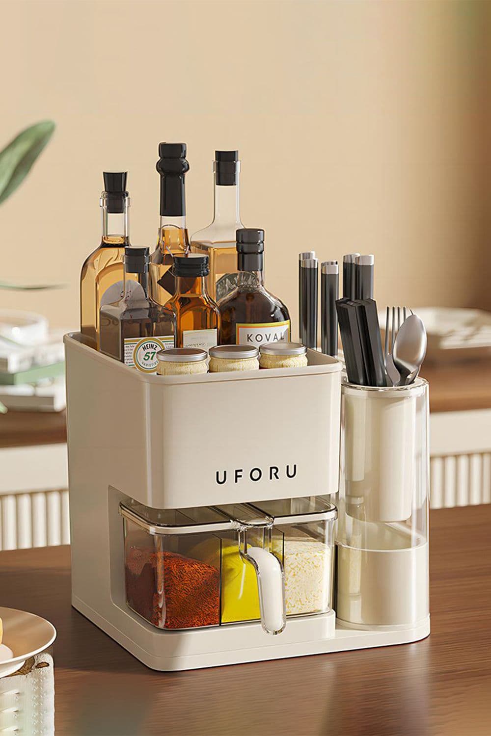 3-in-1 Kitchen Seasoning Box Spice Rack Knife Block with Cutlery Holder