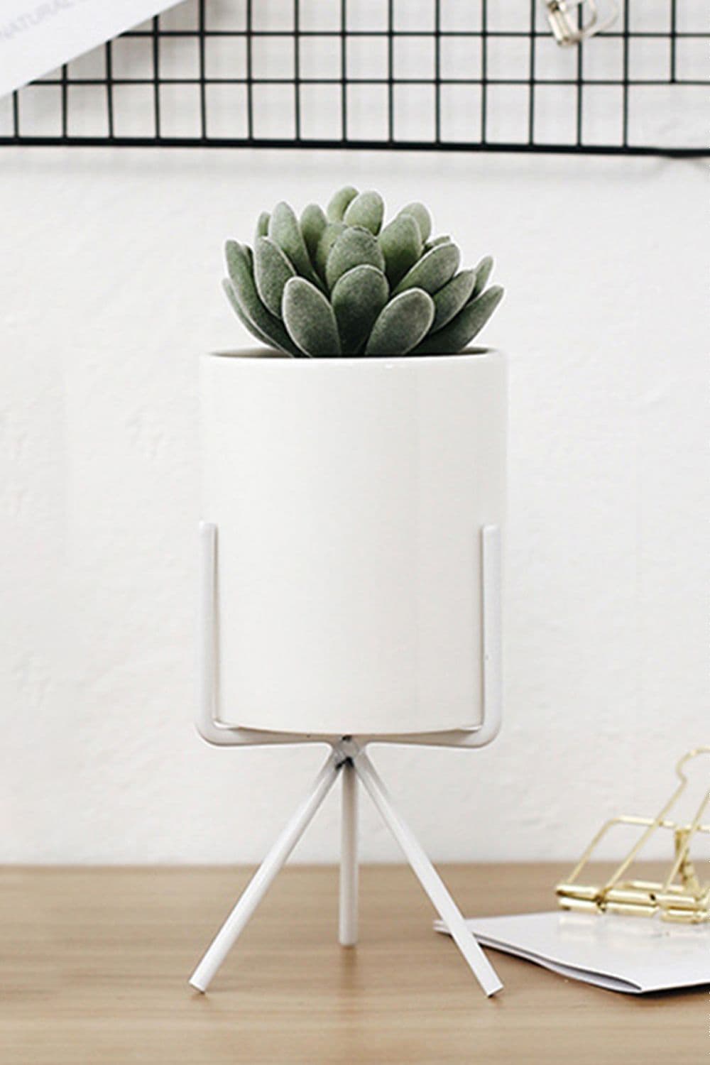 1Pcs Succulent Planter Ceramic Pots with Metal Stand