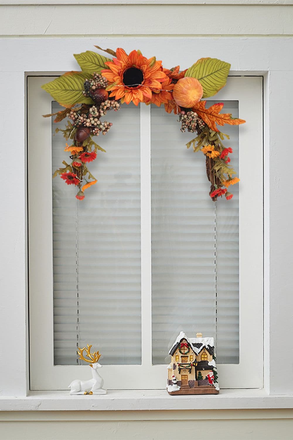 Artificial Sunflower Swag Wreath with Pumpkins Halloween Hanging Decoration with Light