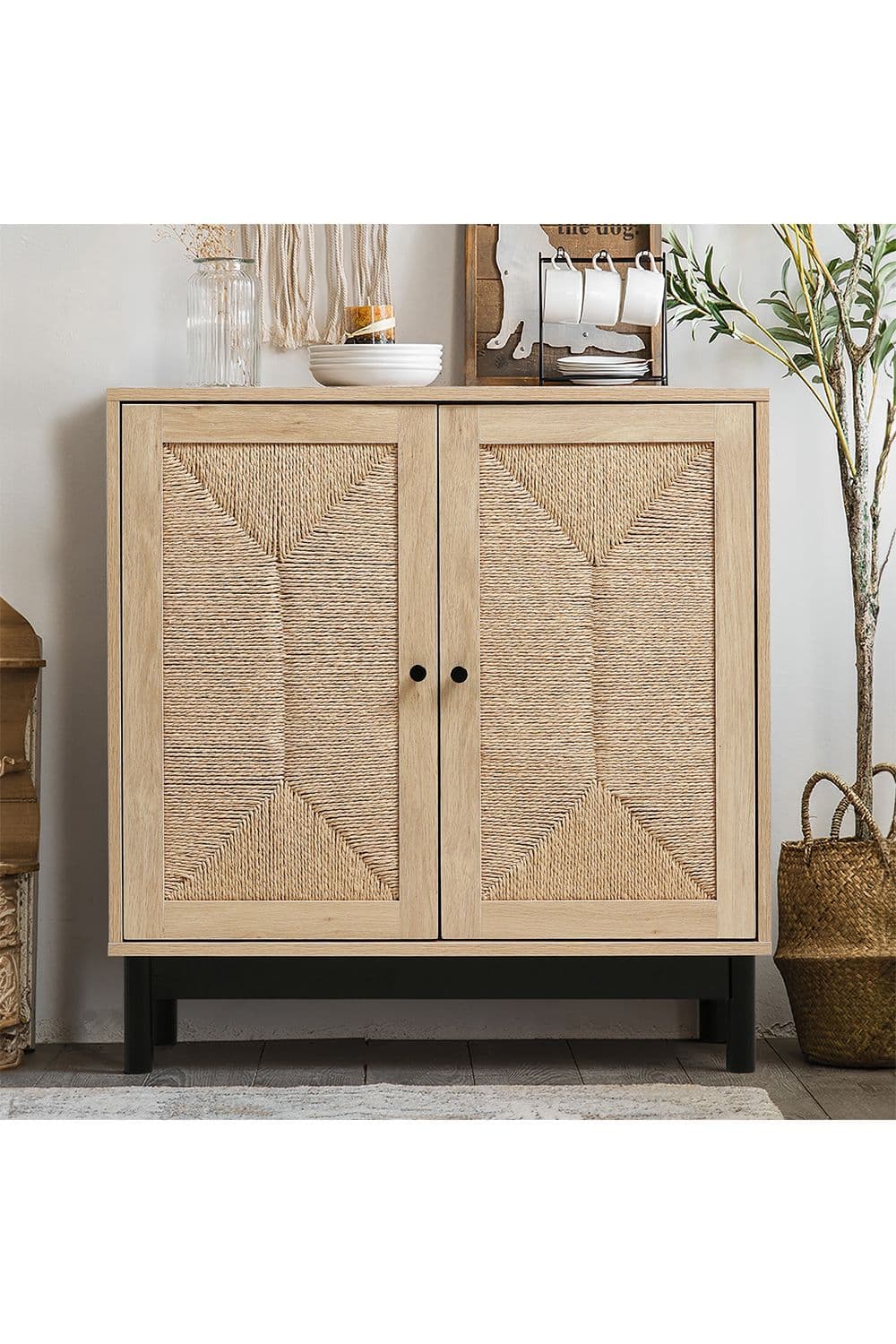 Rustic Wooden Sideboard with Woven Doors