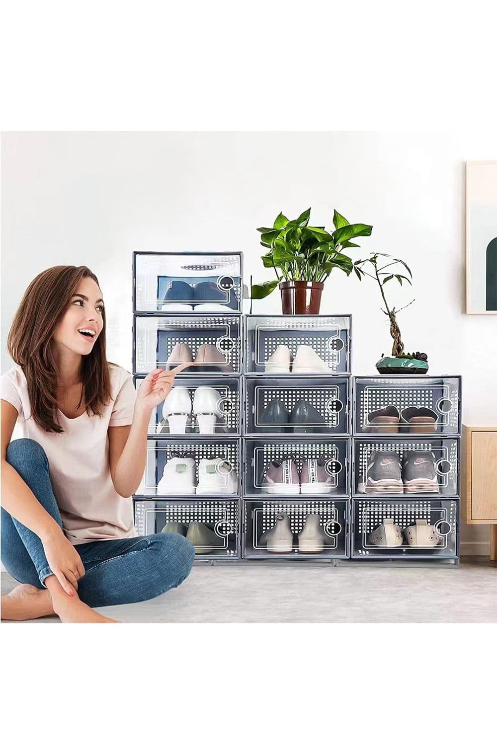 12Pcs Stackable Foldable Boxes Trainers Organiser Clear Plastic Shoe Storage Box