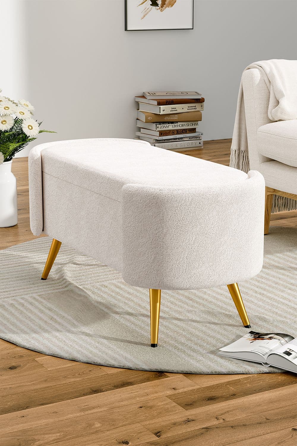 White Polar Fleece Oval Accent Bench with Gold Metal Legs Bedroom Bed End Stool