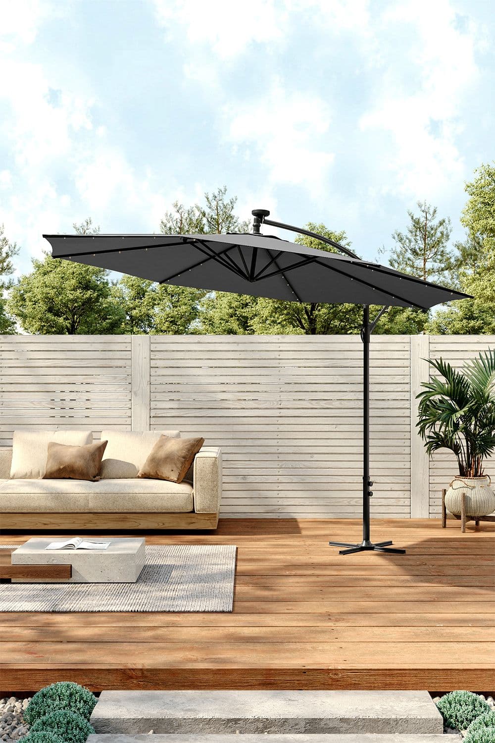 Outdoor 32 LED Lighted Patio Umbrella with Crank Lift System with Base