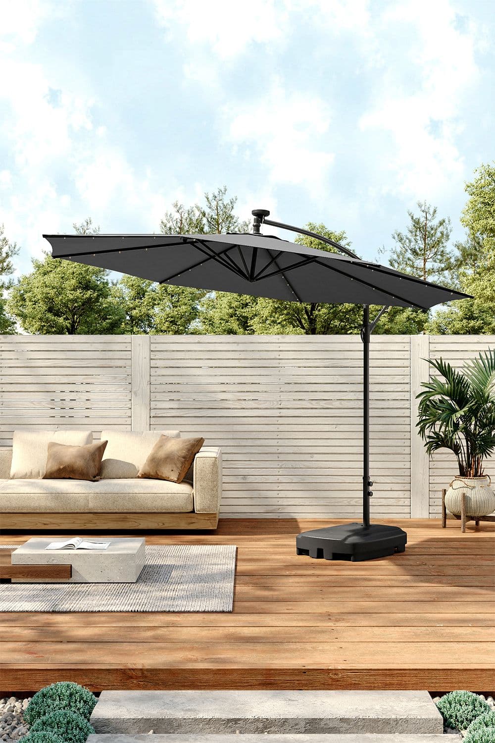 Outdoor 32 LED Lighted Patio Umbrella with Crank Lift System & Base