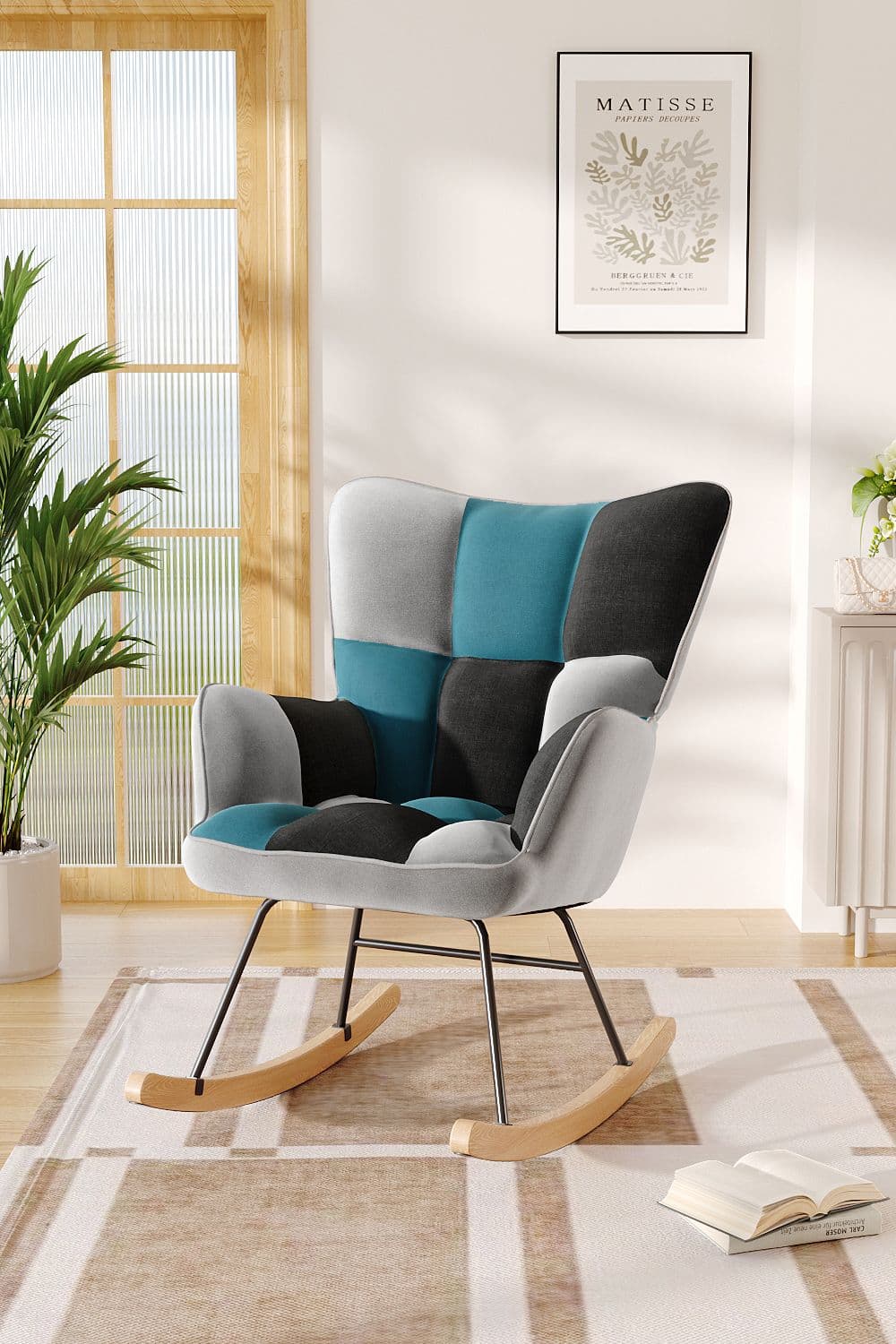 Blue Grey Black Check Tufted Linen Patchwork Rocking Chair