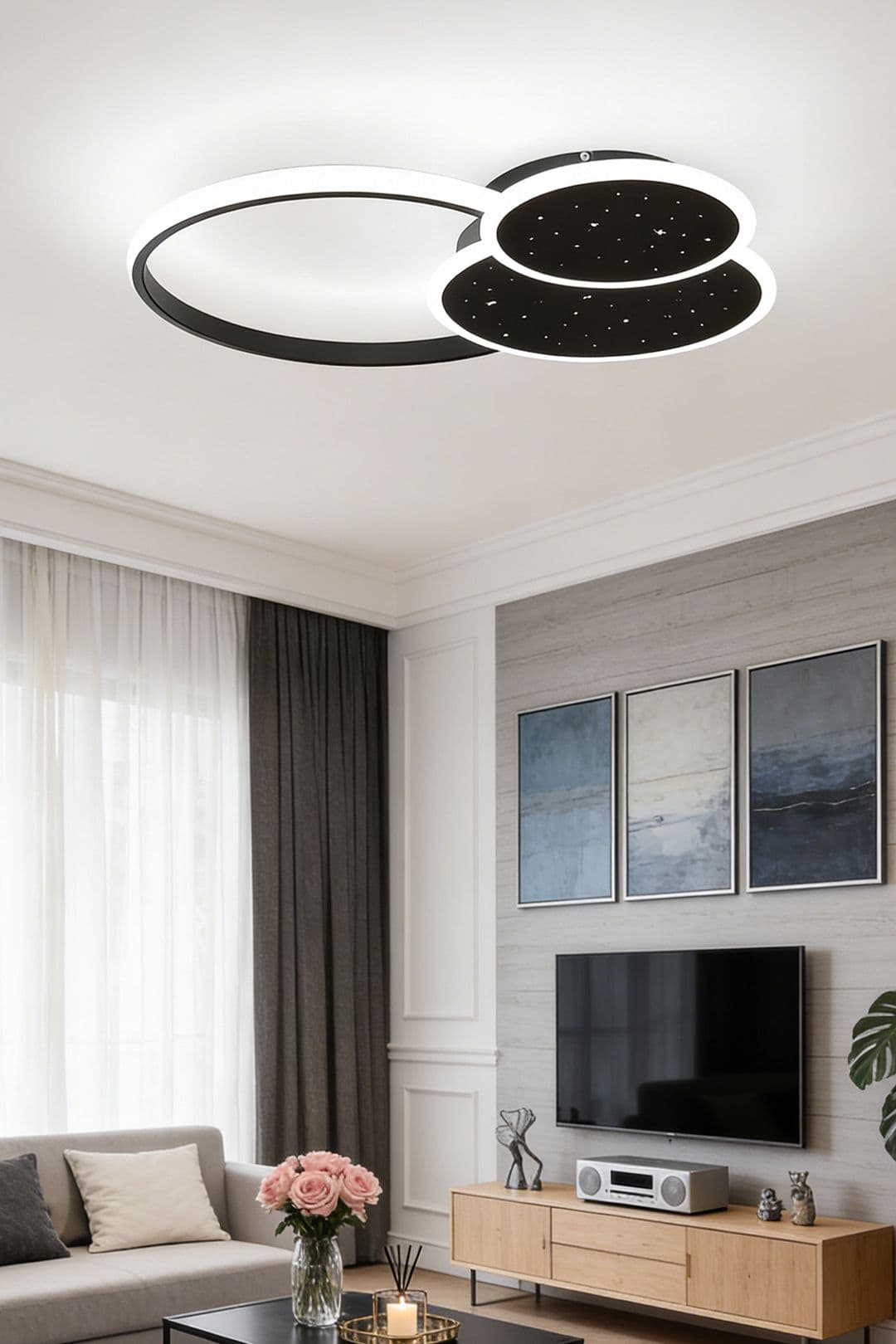 Black LED Round Ceiling Light in White Light 3 Overlapping Circles