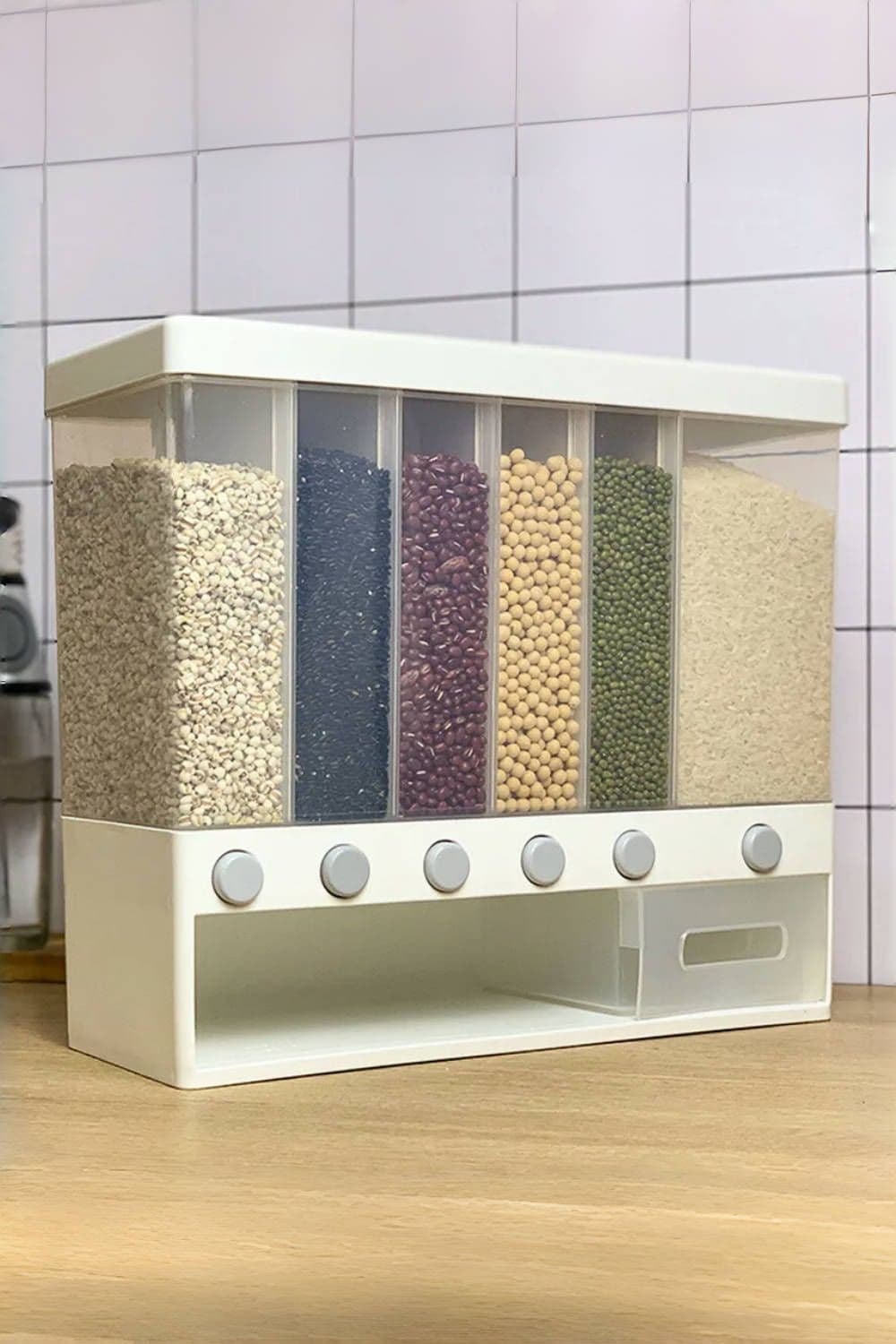 6 Grids 10L Cereal Dispenser with Measuring Cup Wall mounted Organizer Kitchen Food Storage Box