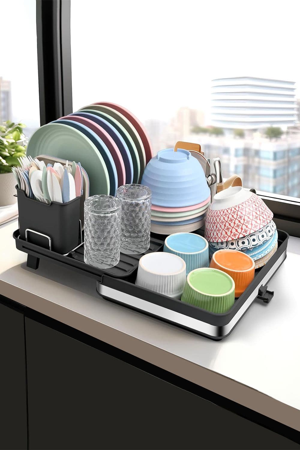 2-Layer Expandable Dish Drainer Rack Kitchen Storage Organizer with Cutlery Holder