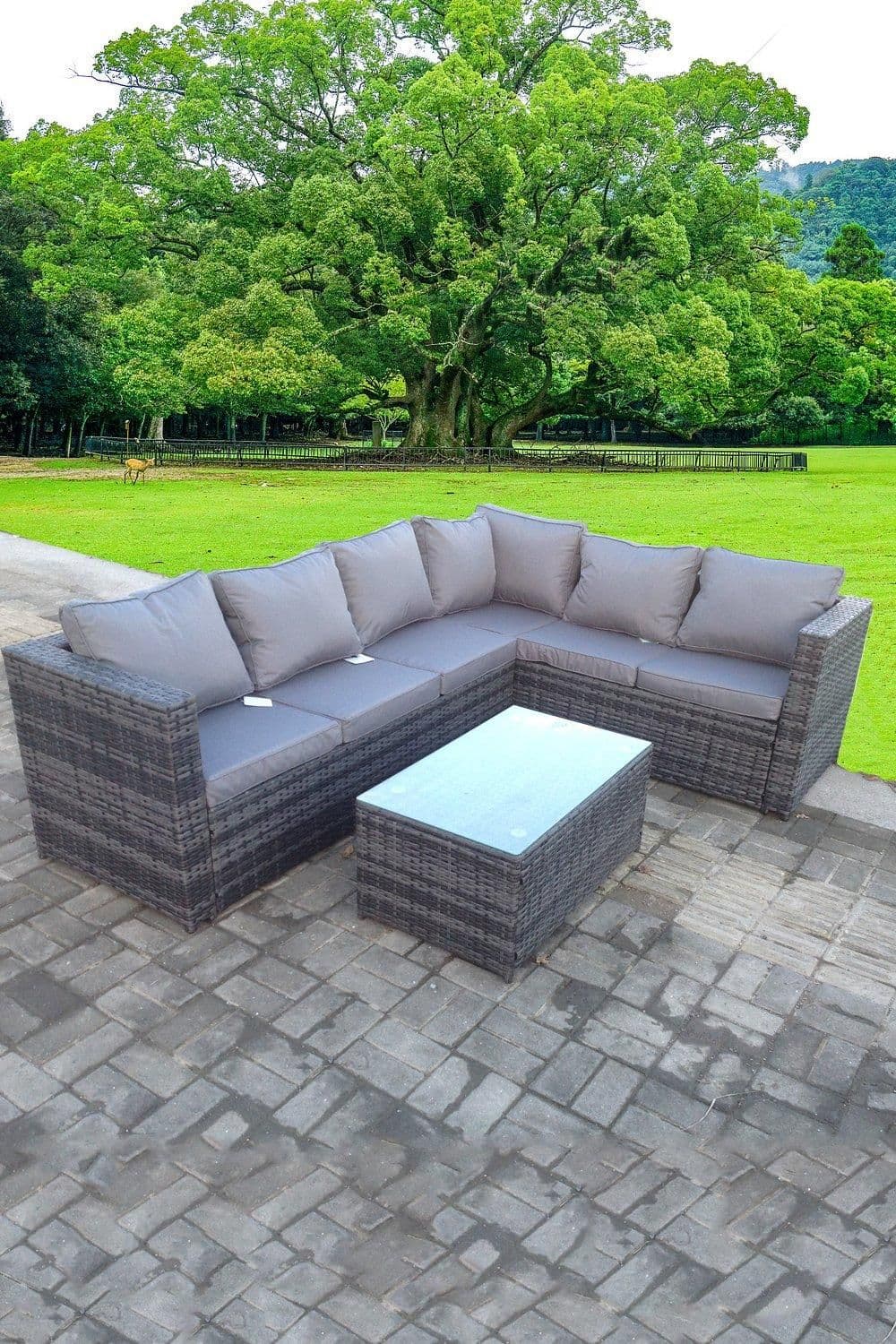 Rattan Corner Sofa Set Rectangular Oblong Coffee Table Outdoor 6 Seater Seat Back Cushion