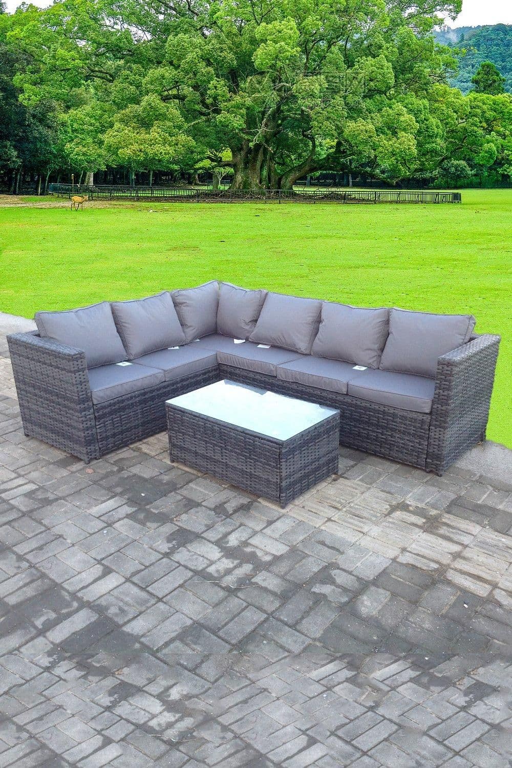 Rattan Corner Sofa Set Rectangular Table 6 Seater Cushions