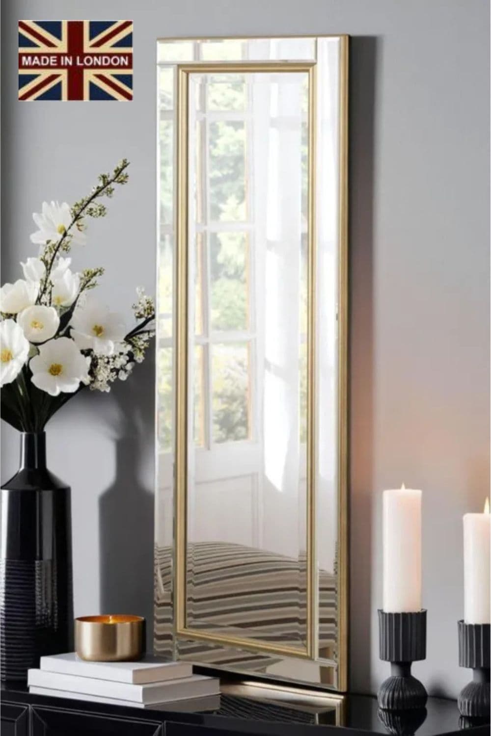 Brass framed bevelled mirror 136x45.5cm