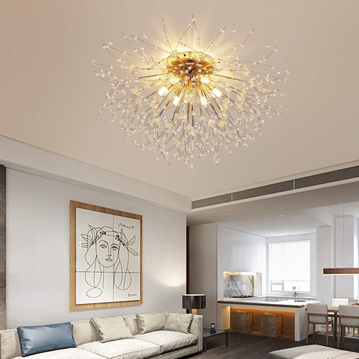 6 Lights Sputnik Semi Flush Mount Crystal Ceiling Lighting