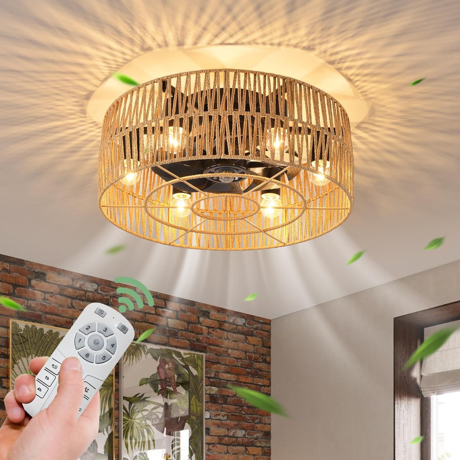 Flush Mount Rattan Boho Ceiling Fan light Bedroom Living Room