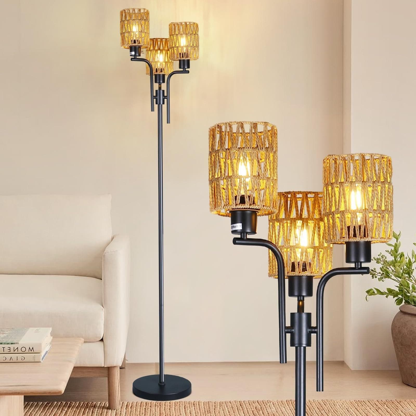 3 Light Woven Floor Lamp Foot Switch