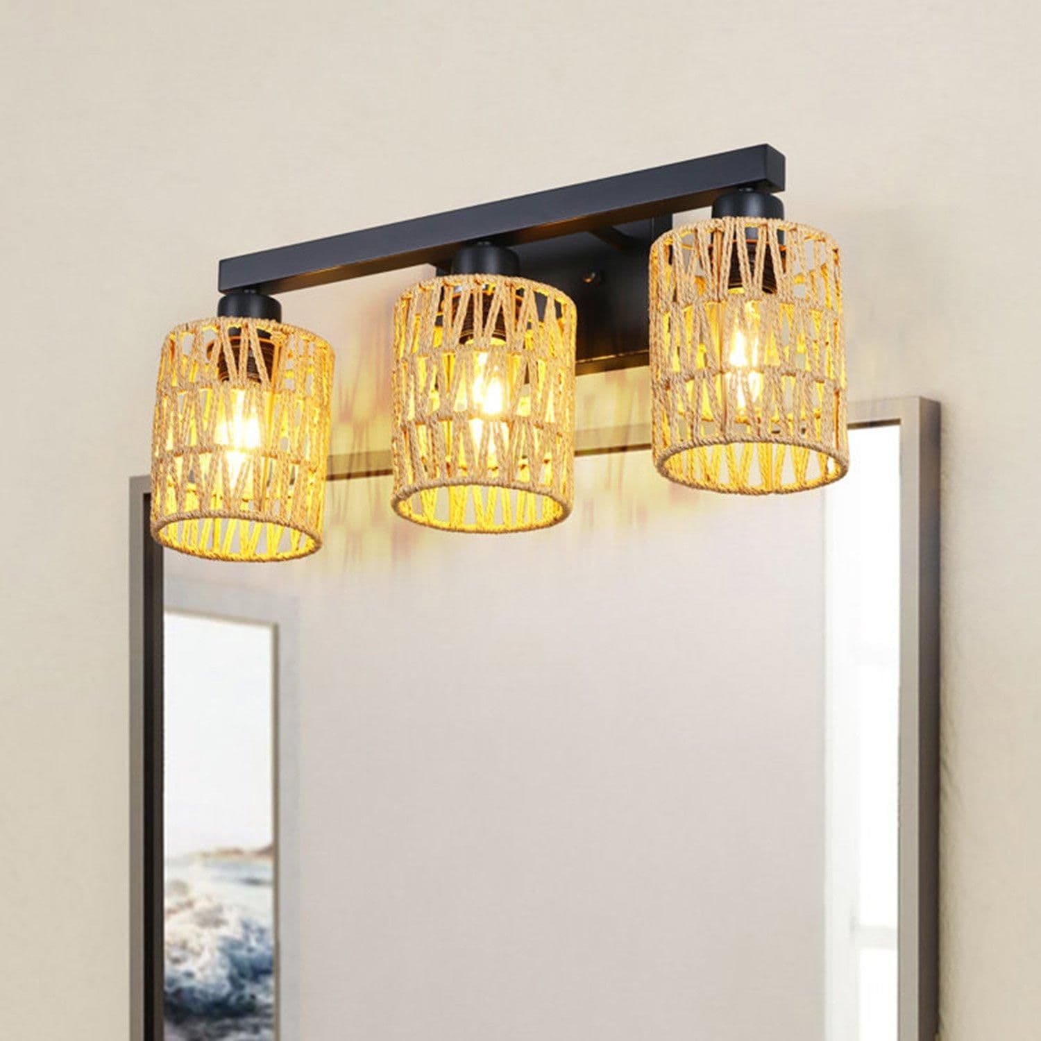 3 Light Boho Rattan Metal Wall Light