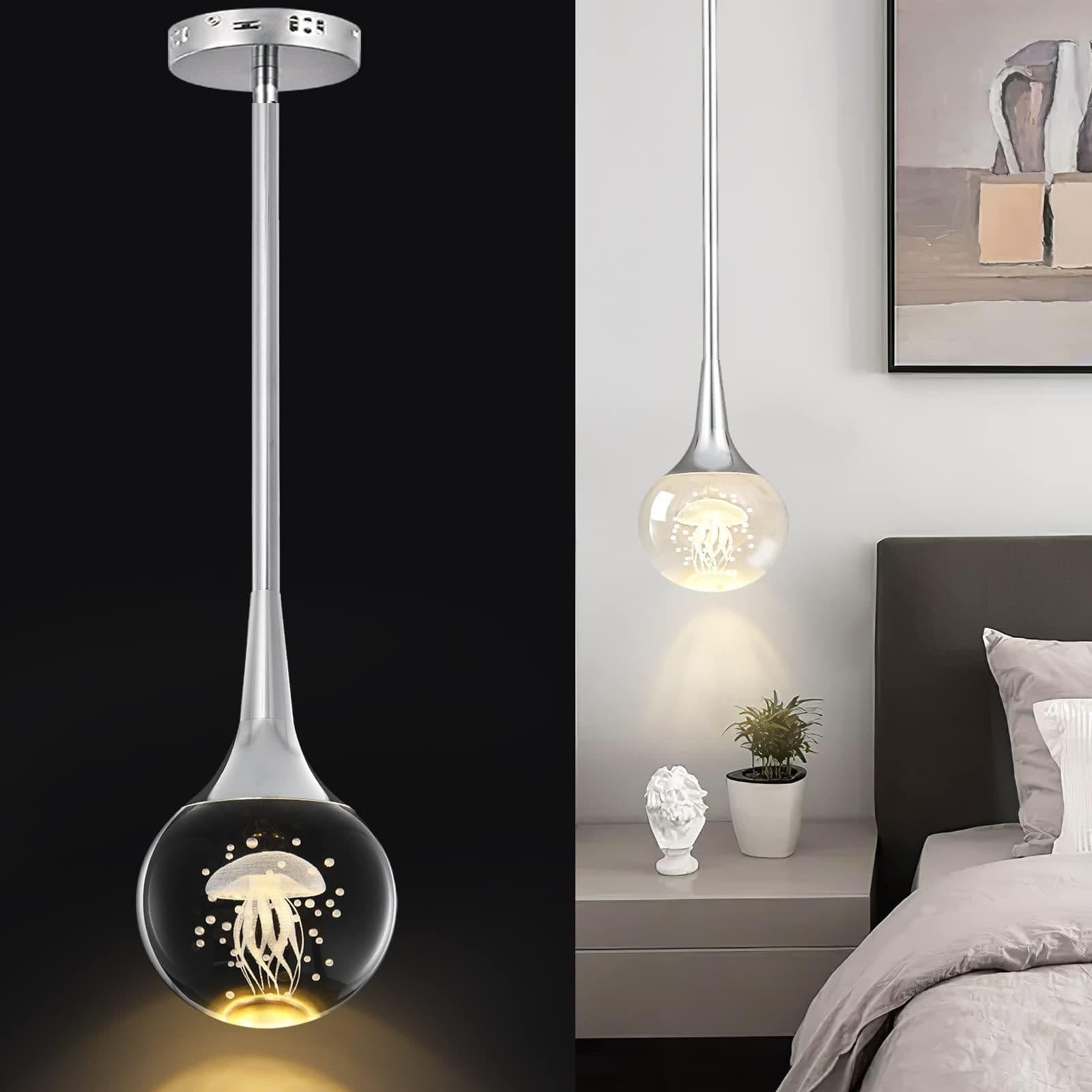 Chrome Crystal Jellyfish LED Pendant Light Metal Rod