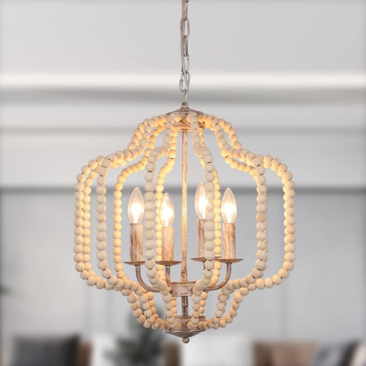 4 Light Boho Vintage Farmhouse Wood Beaded Pendant Light