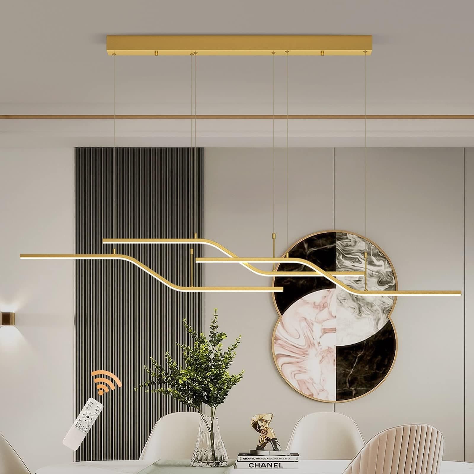 Modern Dimmable Linear Wave LED Chandelier Light Fixture Remote