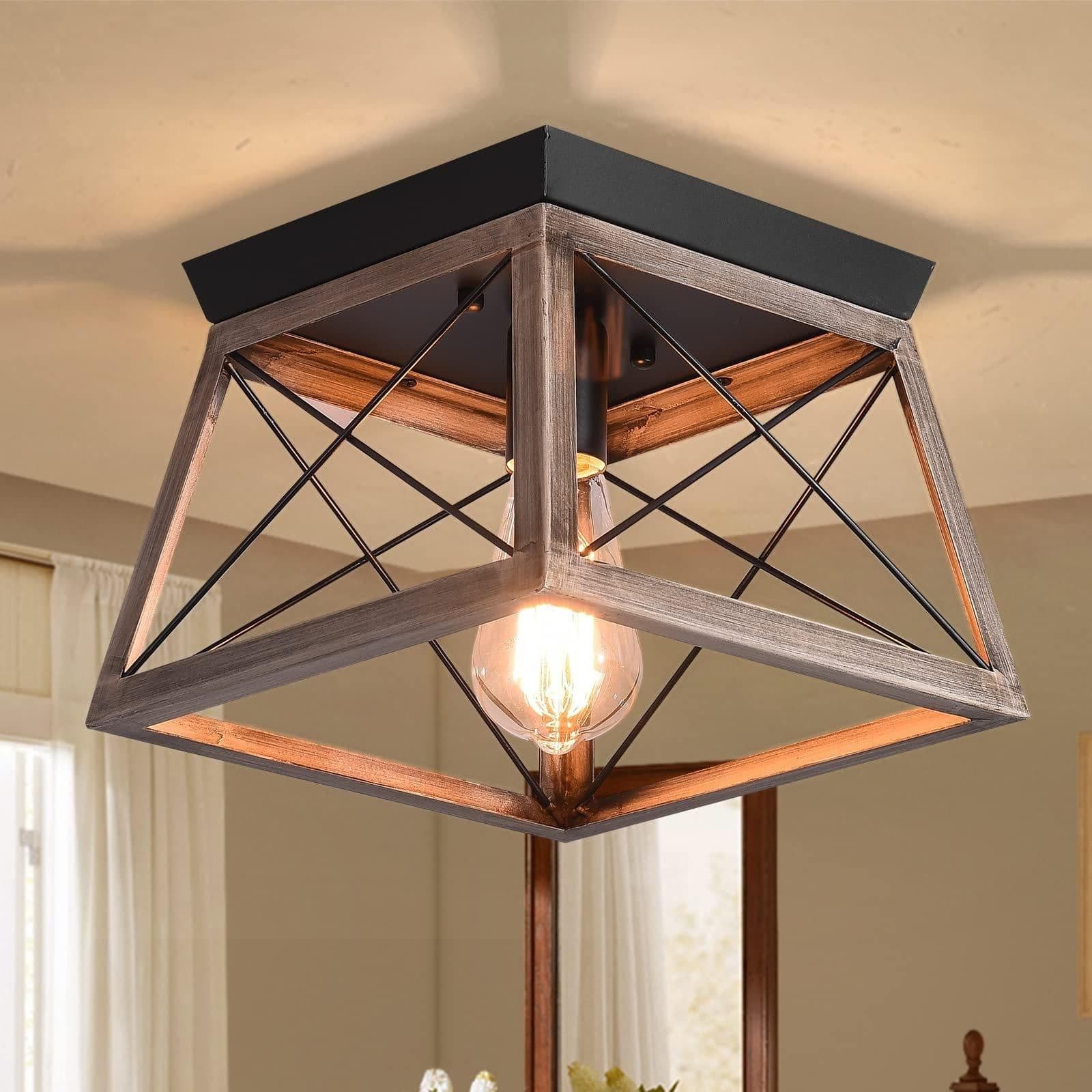Industrial Flush Mount Ceiling Light Square Metal Cage