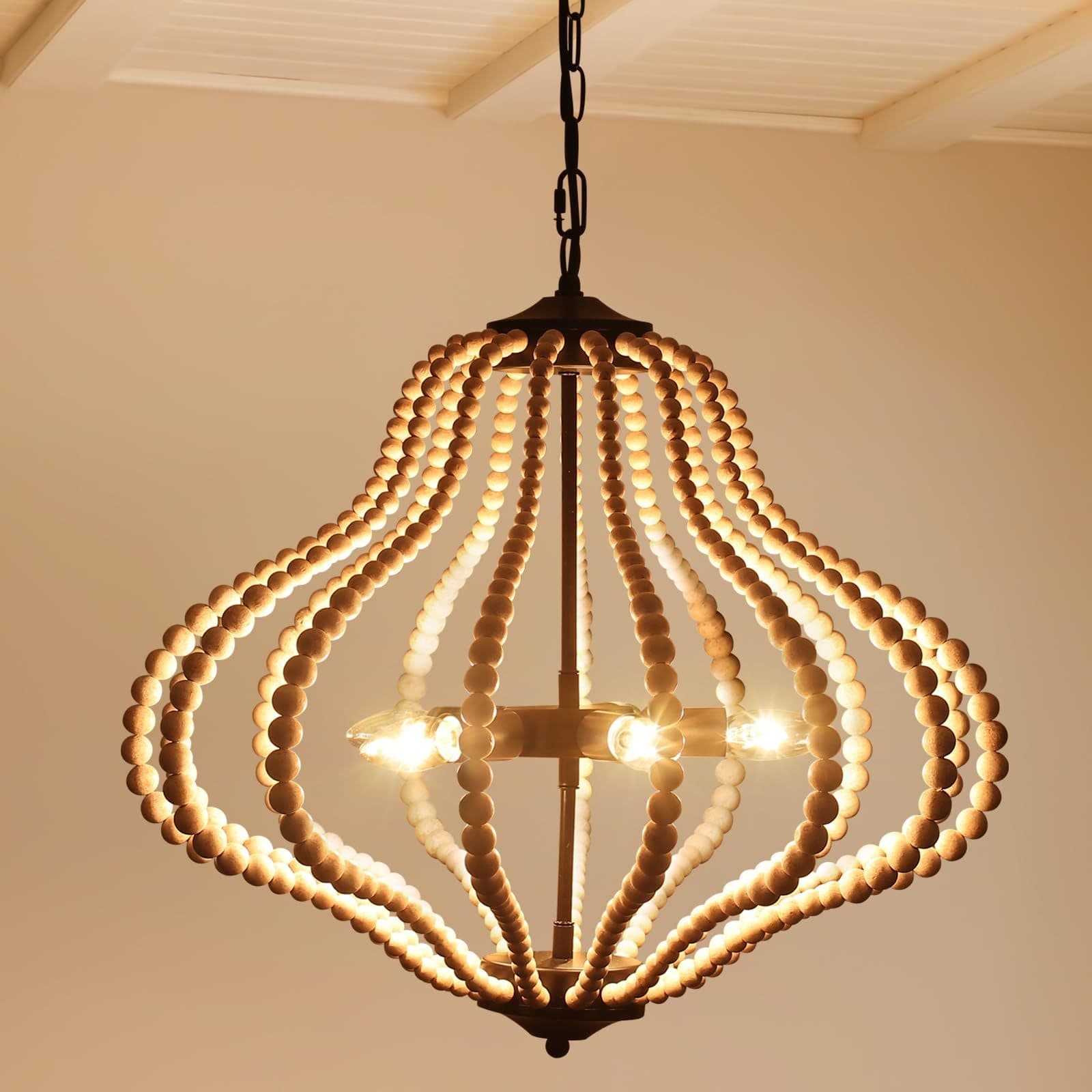 5 Light Boho Vintage Farmhouse Wood Beaded Chandelier